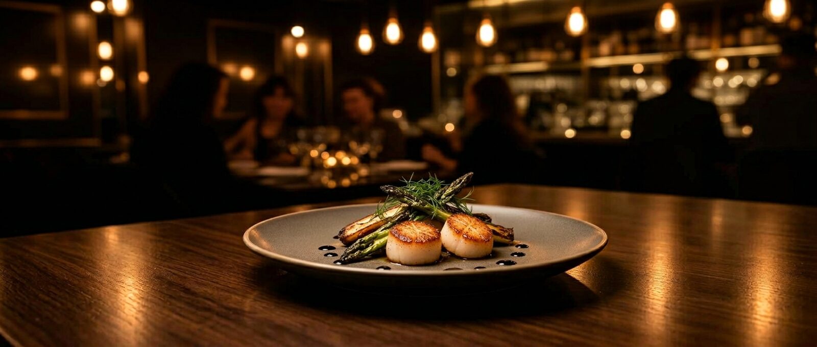 Dimly lit fine-dining restaurant interior at dinner service with a beautifully plated dish